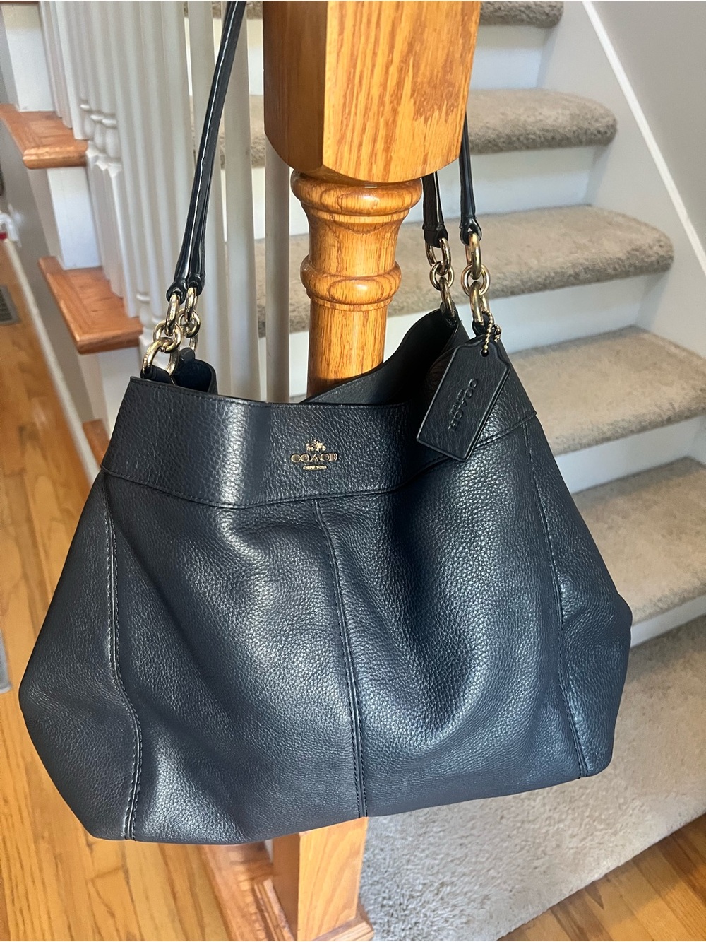 Coach Lexy Navy Blue Pebbled Leather Hobo Shoulder Bag with Gold Hardware